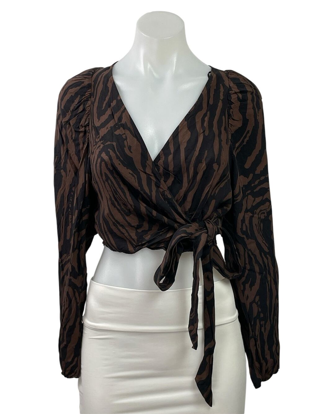 H&M Brown Black Zebra Long Sleeve V Neck Wrap Tie Cropped Blouse Top Size S